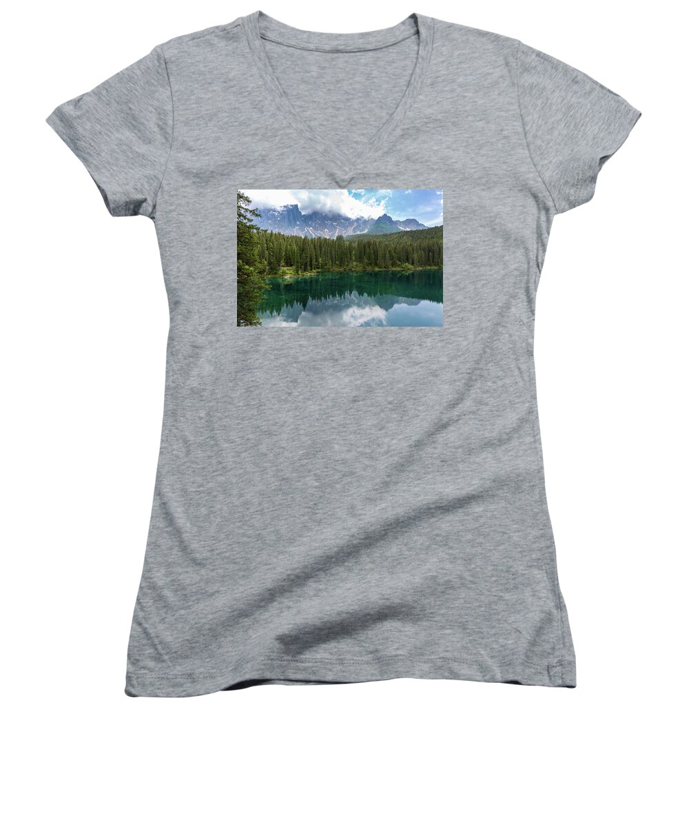Nature Women's V-Neck featuring the photograph Karersee and Latemar by Andreas Levi