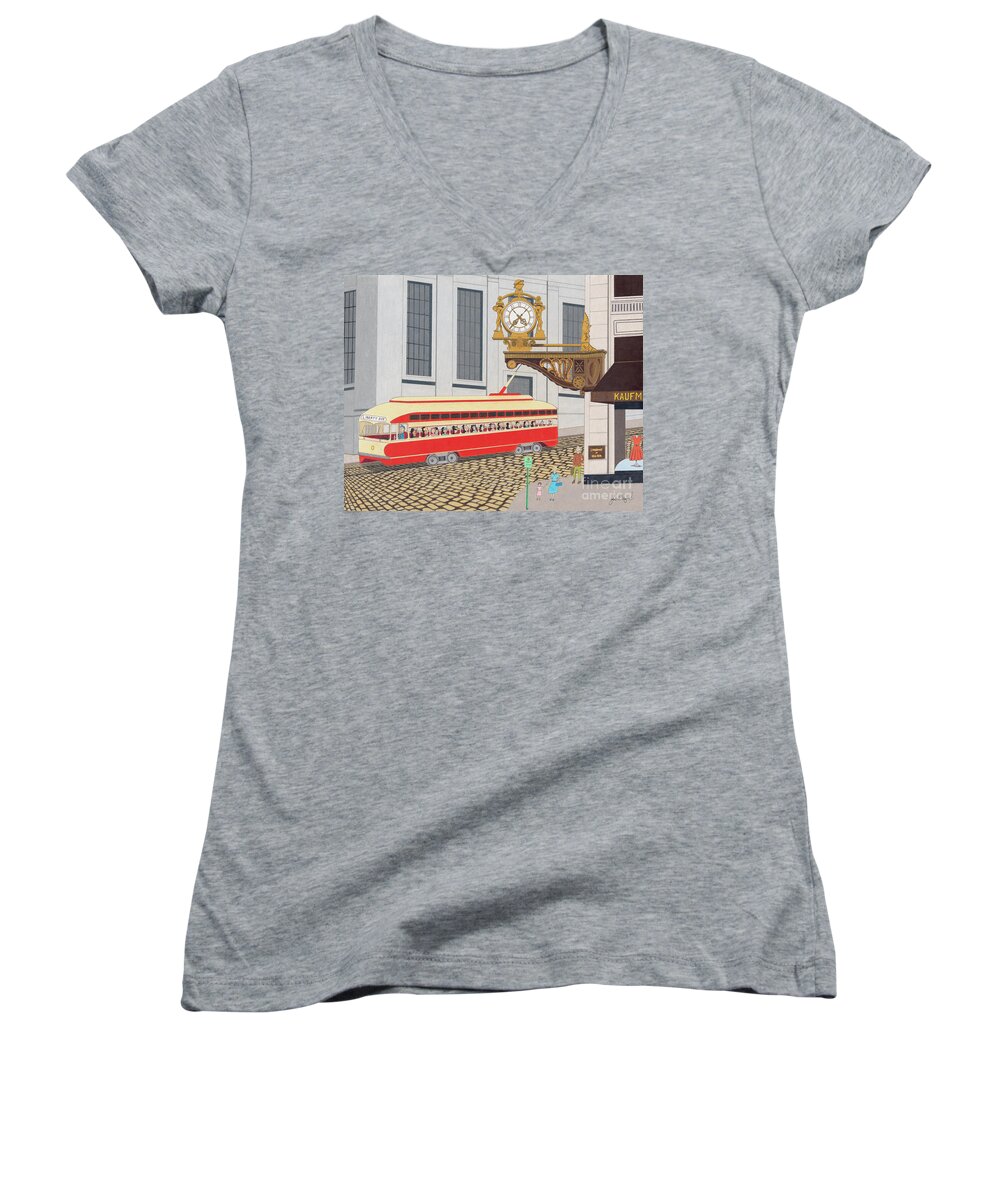 Downtown Pittsburgh Women's V-Neck featuring the drawing Kaufmann Clock by John Wiegand