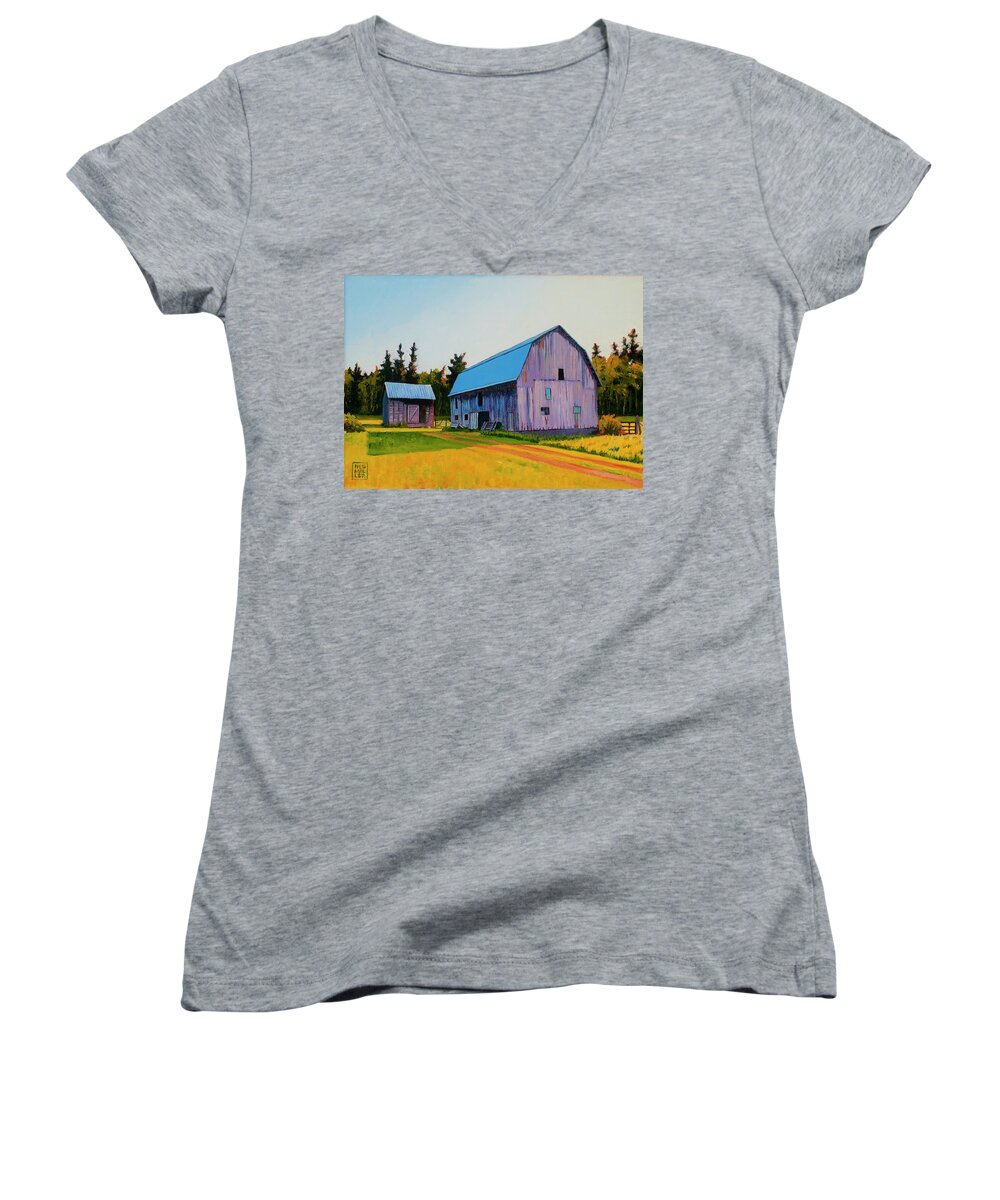 Barn Women's V-Neck featuring the painting Lee Farm by Stacey Neumiller