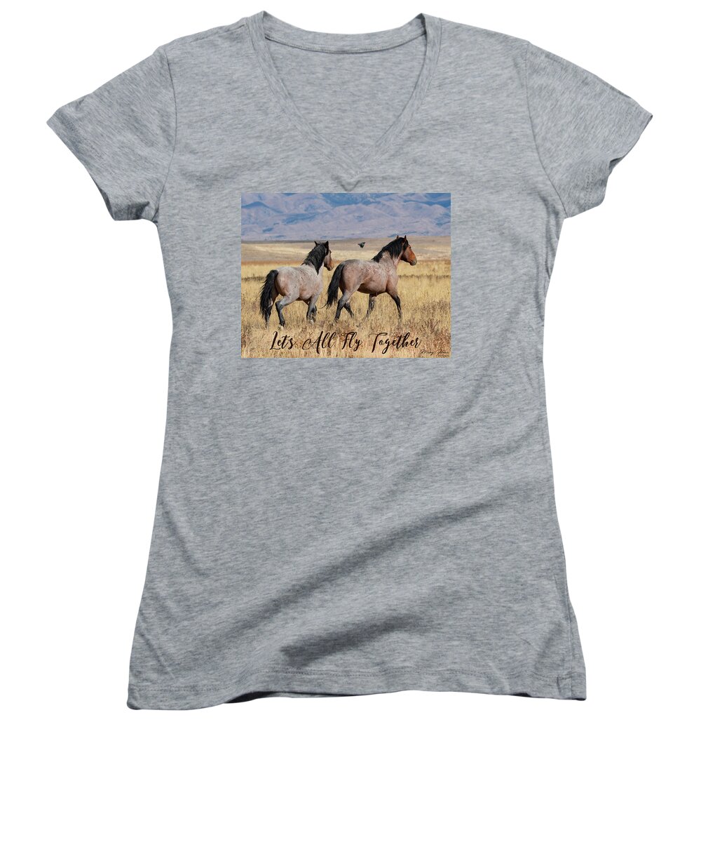 Wild Horses Women's V-Neck featuring the photograph Let's all fly together by Mary Hone