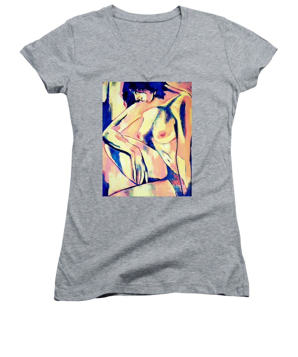 Woman Women's V-Neck featuring the painting Longing by Helena Wierzbicki