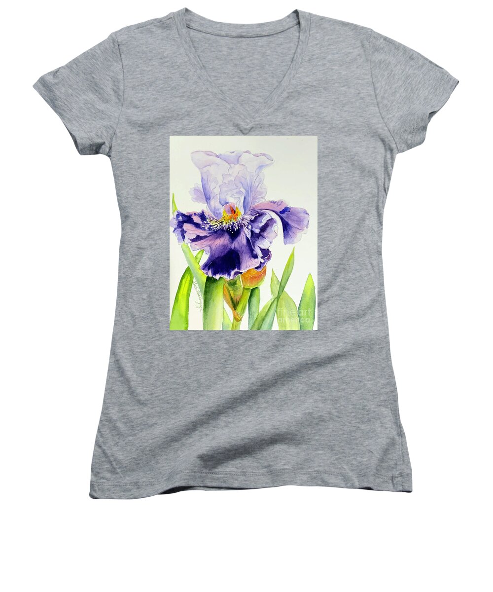 Purple Iris Women's V-Neck featuring the painting Lovely Iris by Hilda Vandergriff