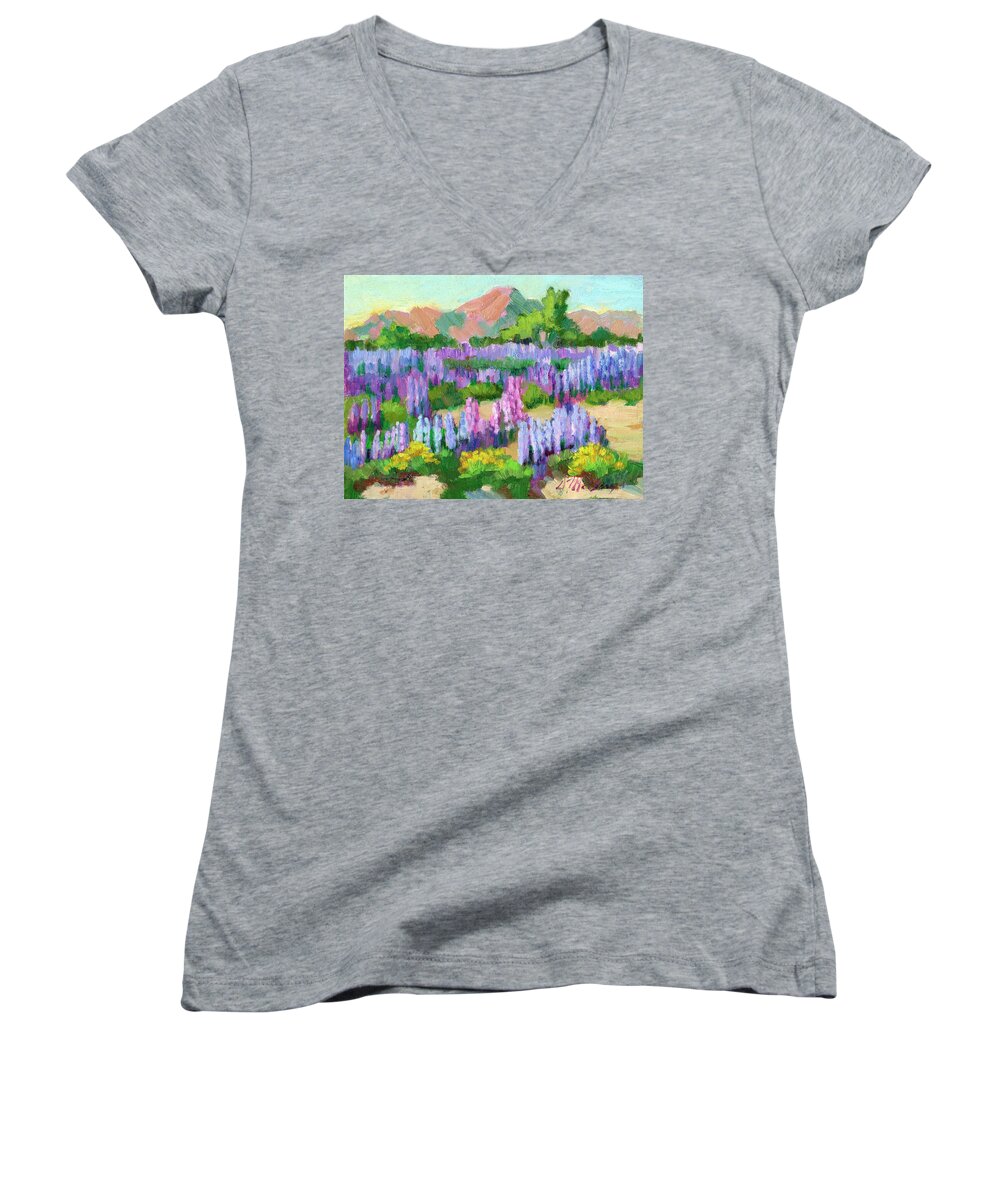 Lupine Women's V-Neck featuring the painting Lupines at Cottonwood Spring by Diane McClary