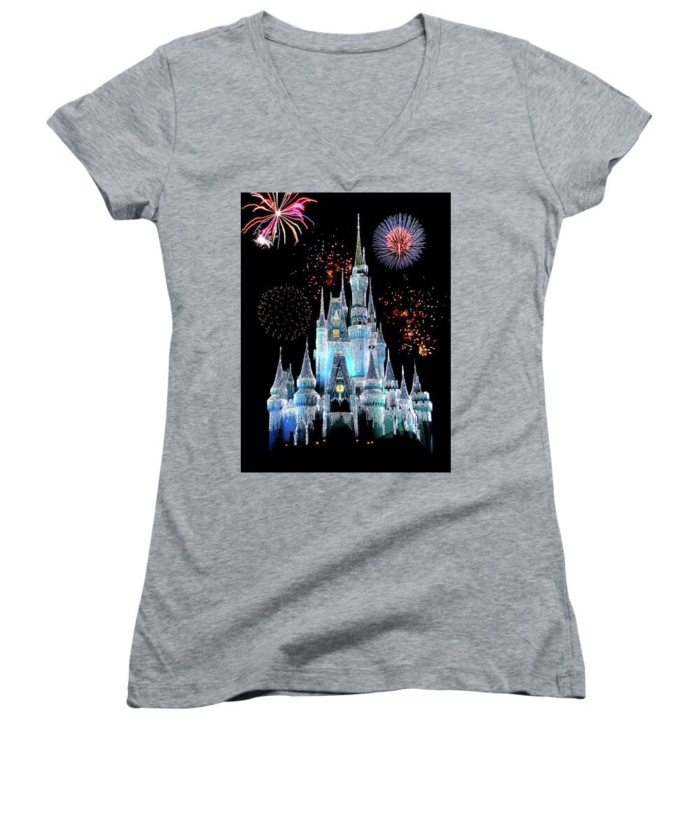 Castle Women's V-Neck featuring the photograph Magic Kingdom Castle In Frosty Light Blue with Fireworks 06 by Thomas Woolworth