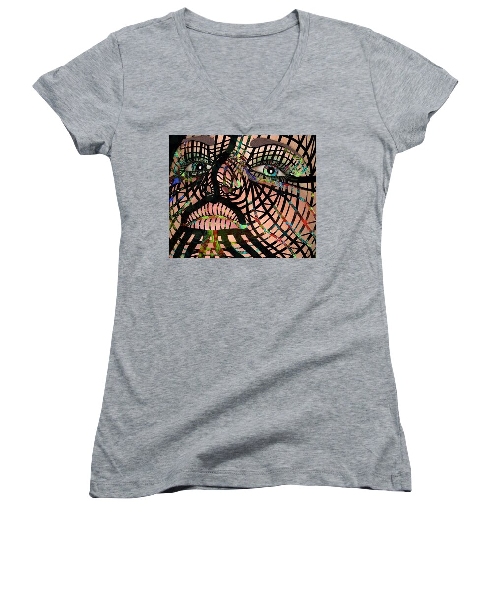 Mask Women's V-Neck featuring the mixed media Mask I Am So Much More Than You See by Joan Stratton