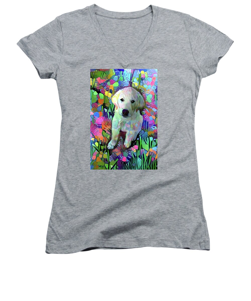 Great Pyrenees Women's V-Neck featuring the digital art Max in the Garden by Peggy Collins