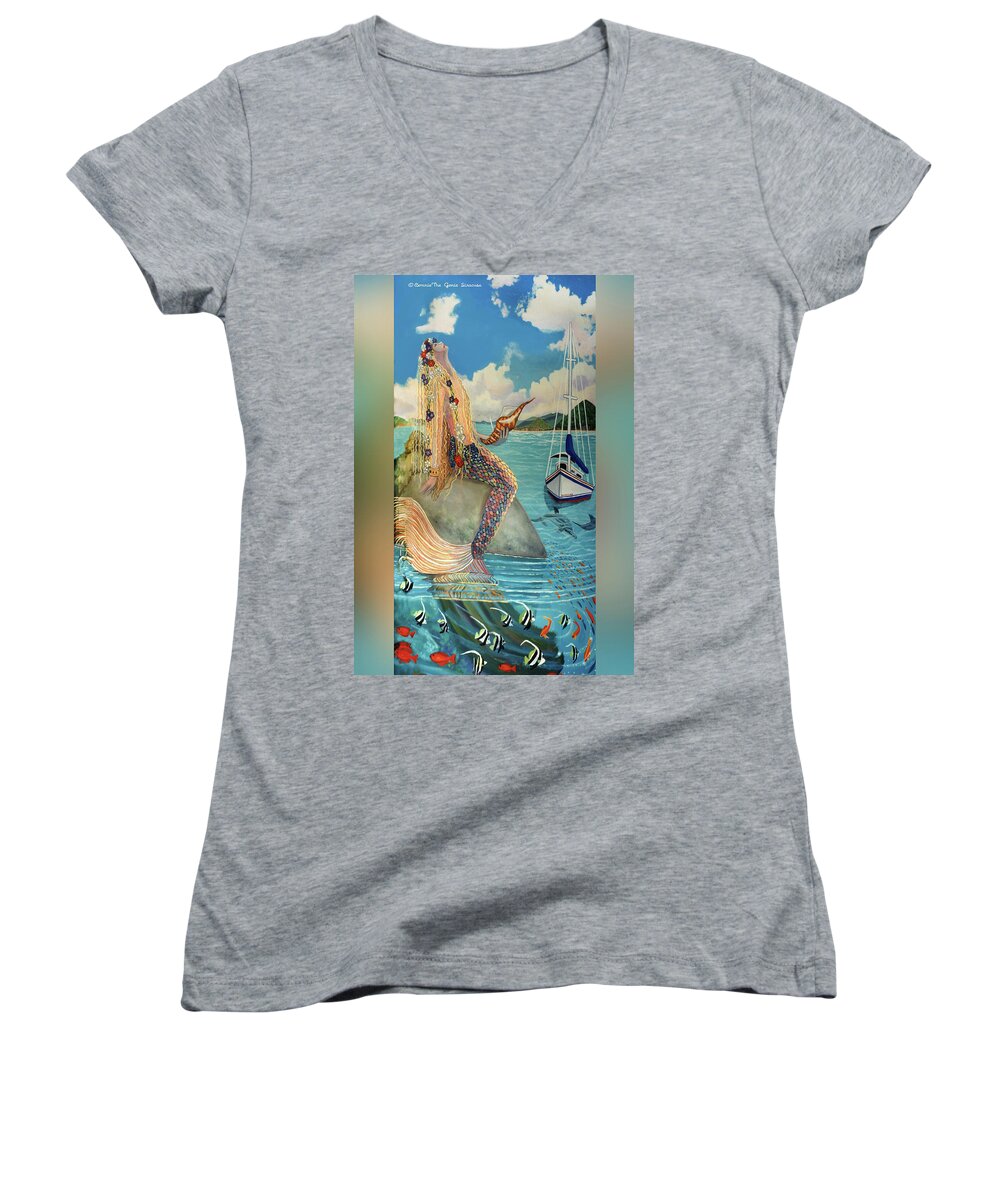 Mermaid Women's V-Neck featuring the painting Mermaid in Paradise Full Pillow Version by Bonnie Siracusa