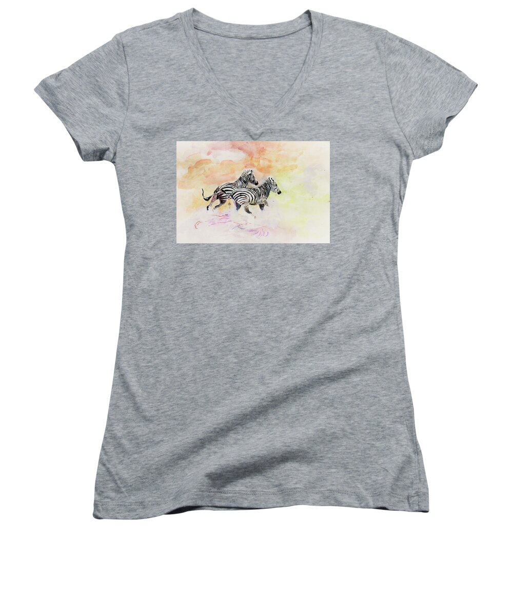Zebra Women's V-Neck featuring the painting Migration by Khalid Saeed