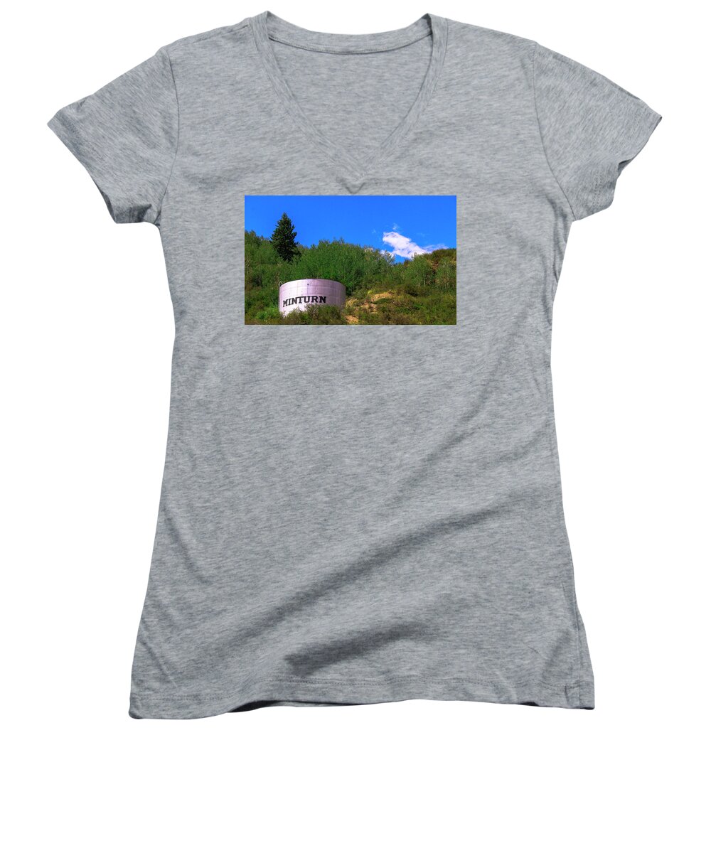 Minturn Women's V-Neck featuring the photograph Minturn Water Tower by Ola Allen