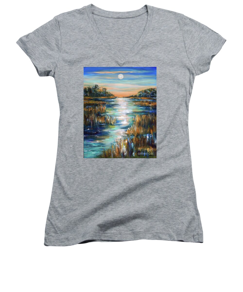 Marsh Women's V-Neck featuring the painting Moon Over Waterway by Linda Olsen