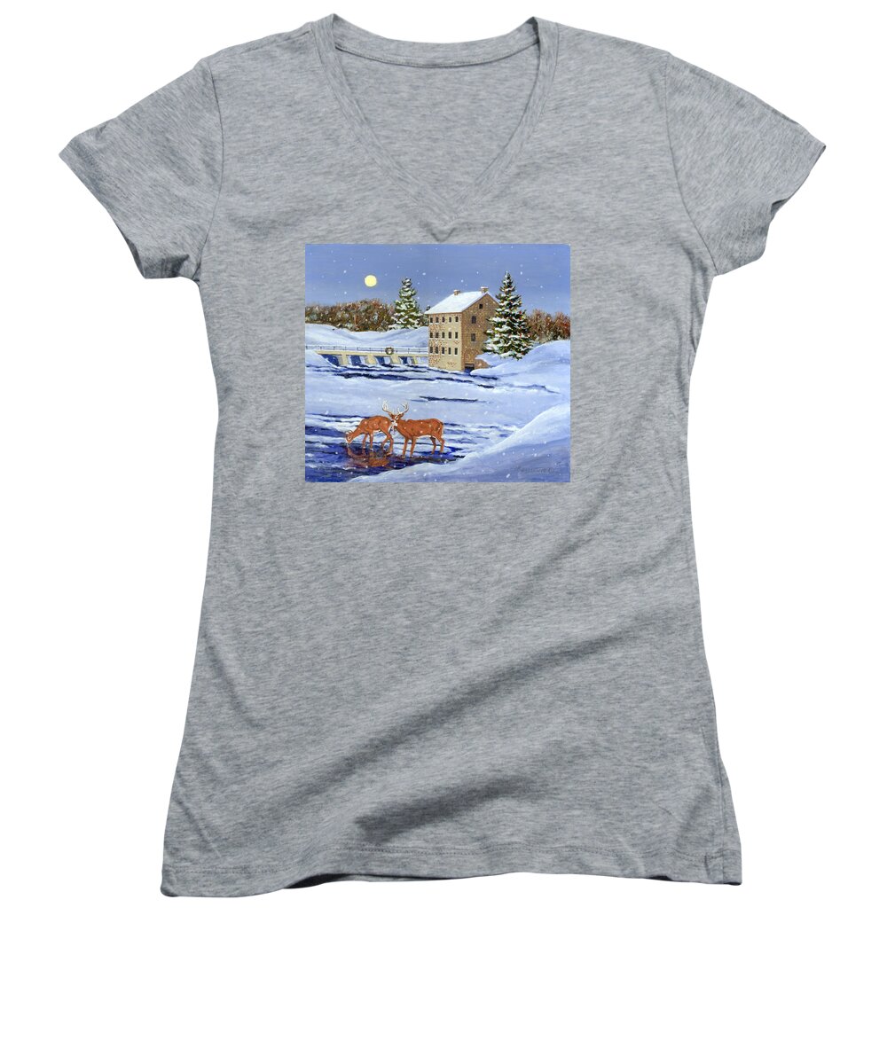 Whitetail Women's V-Neck featuring the painting Moonlight Millpond WhiteTails by Richard De Wolfe
