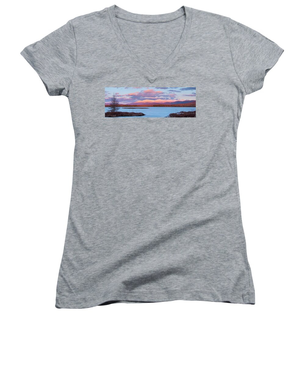 New Hampshire Women's V-Neck featuring the photograph Mountain Views Over Cherry Pond by Jeff Sinon