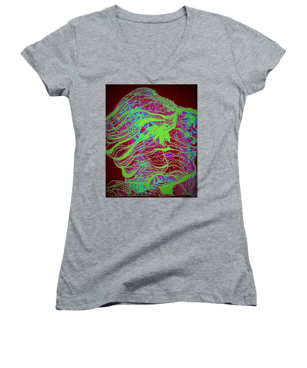 Mountainscape Women's V-Neck featuring the digital art Mountainscape Mysteries by VIVA Anderson