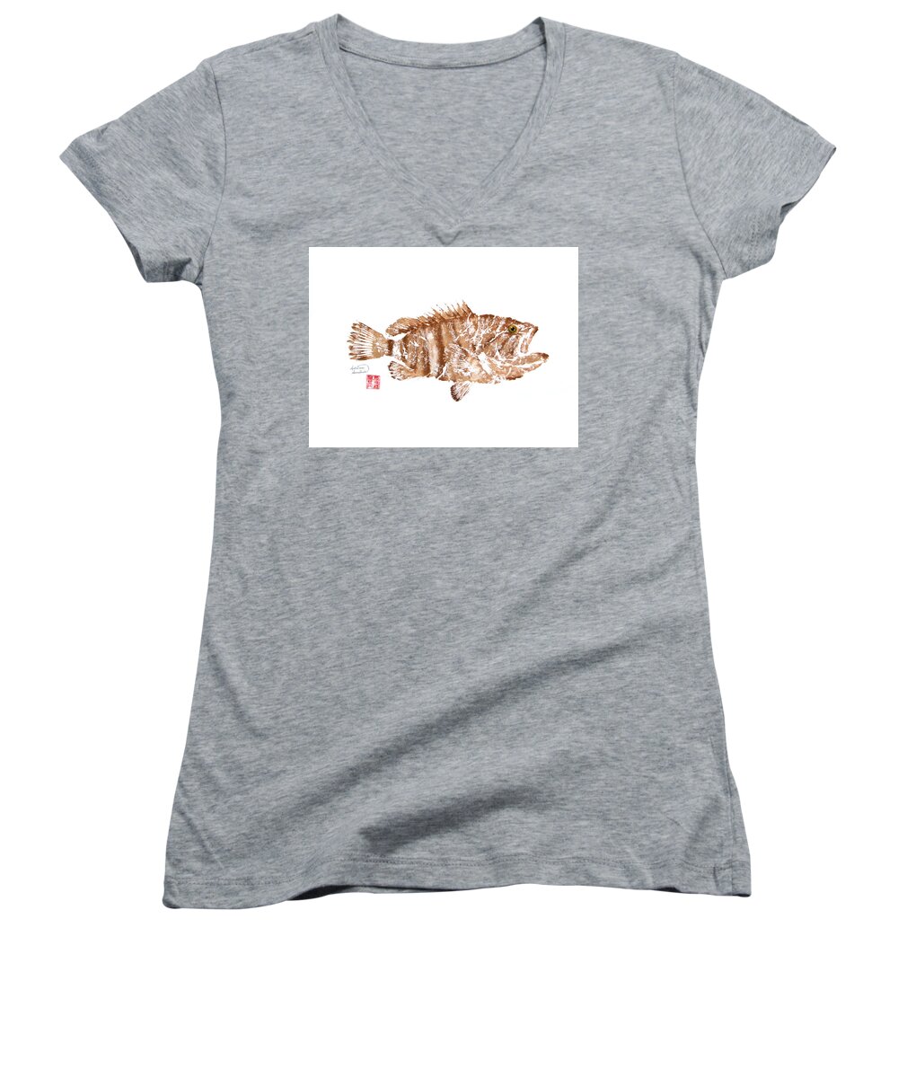 Grouper Women's V-Neck featuring the painting Mystic Grouper - Brown by Adrienne Dye