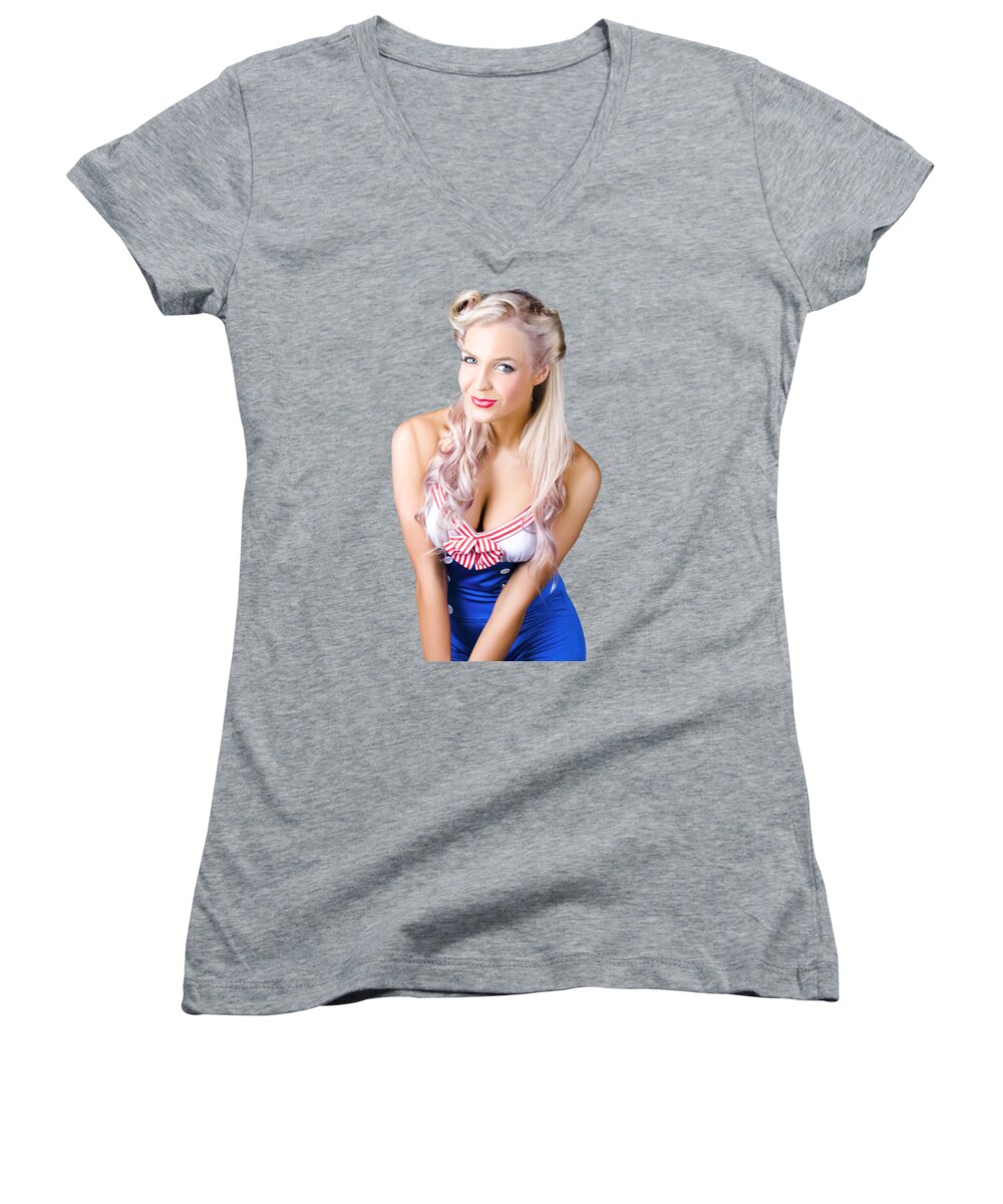 Sailor Women's V-Neck featuring the photograph Navy pinup woman by Jorgo Photography