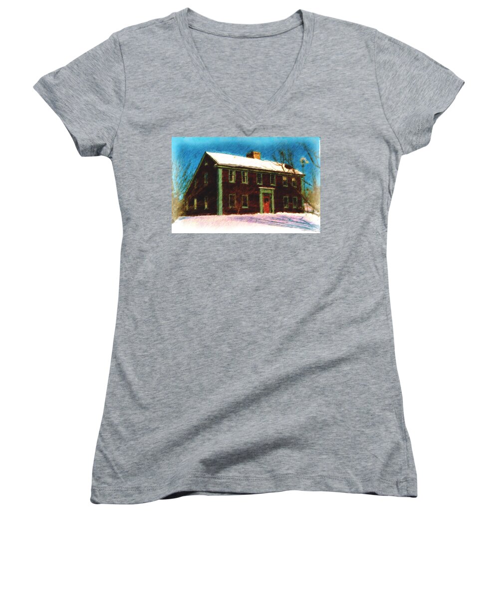 Architecture Women's V-Neck featuring the digital art New England Salt Box in Winter by Richard Ortolano