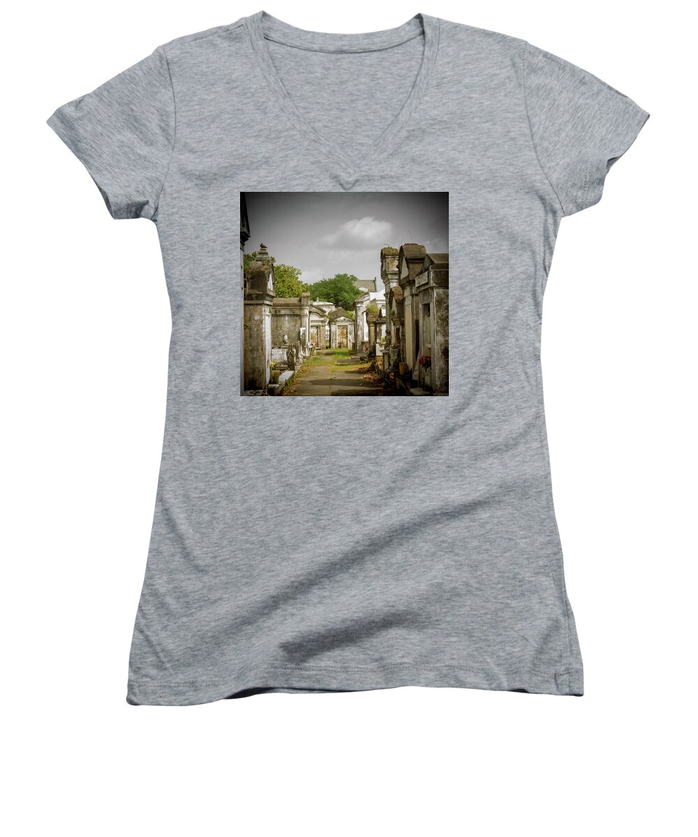 Jean Noren Women's V-Neck featuring the photograph New Orleans Cemetery by Jean Noren