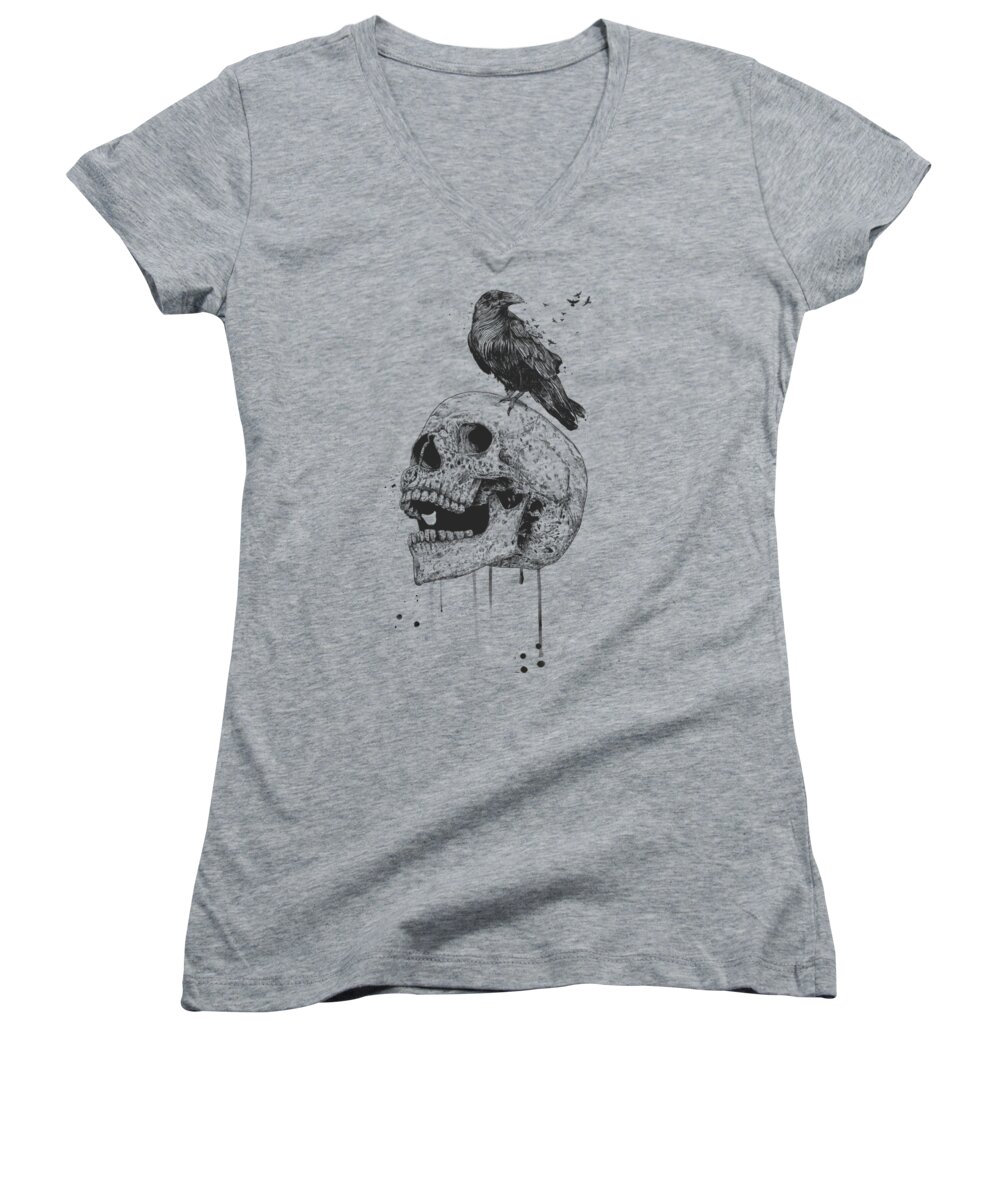 Skull Women's V-Neck featuring the drawing New skull by Balazs Solti