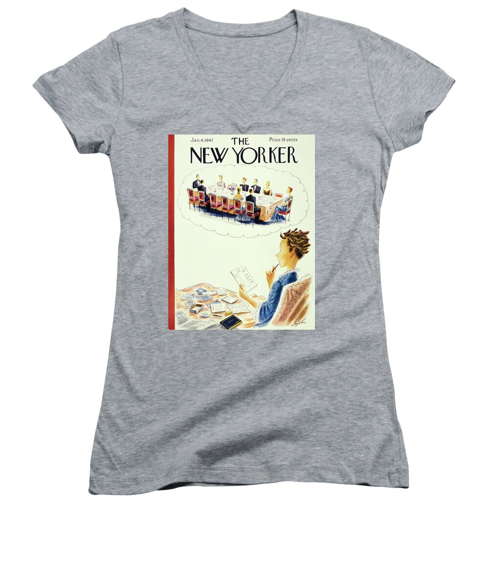 Illustration Women's V-Neck featuring the painting New Yorker January 4, 1947 by Constantin Alajalov