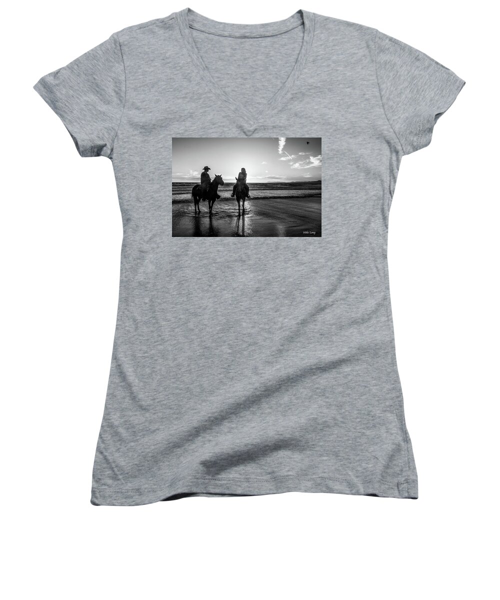 Horse Women's V-Neck featuring the photograph Ocean Sunset on Horseback by Mike Long