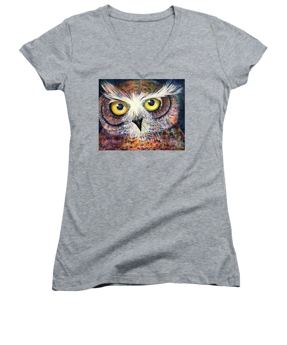 Owl Women's V-Neck featuring the painting OL First Place by Laurel Bahe