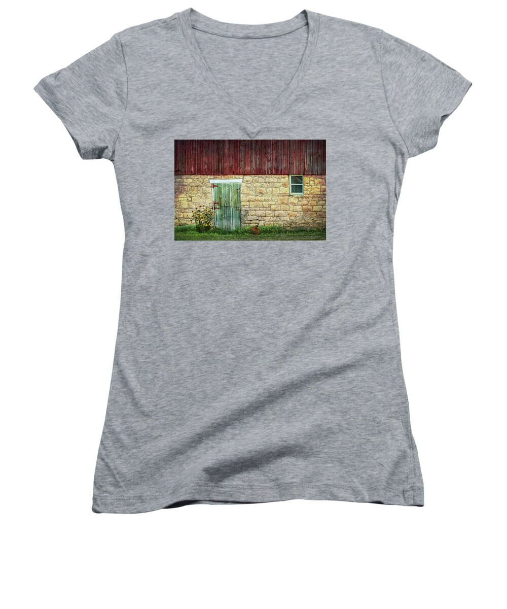 Barn Women's V-Neck featuring the photograph Old Barn Door and Window by Patti Deters