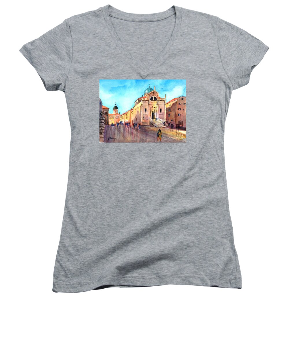 Churches Women's V-Neck featuring the painting Old city of Dubrovnik by Betty M M Wong