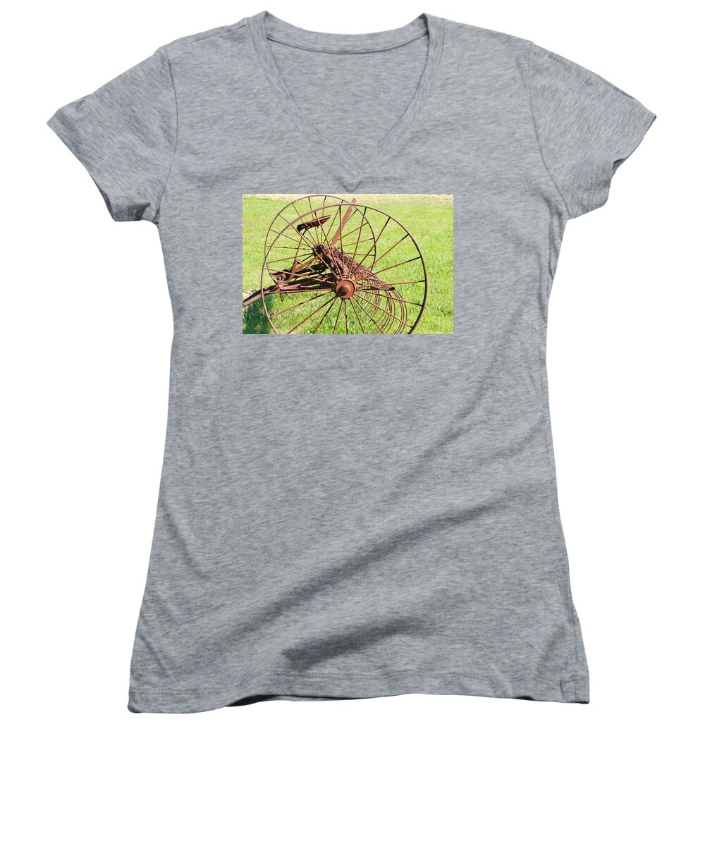 Old Women's V-Neck featuring the photograph Old Farm Hay Rake by Rich Collins
