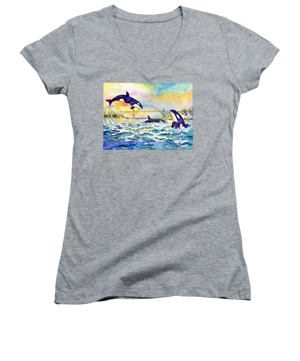 Orca Whales Women's V-Neck featuring the painting Orcas in Yaquina Bay by Ann Nicholson