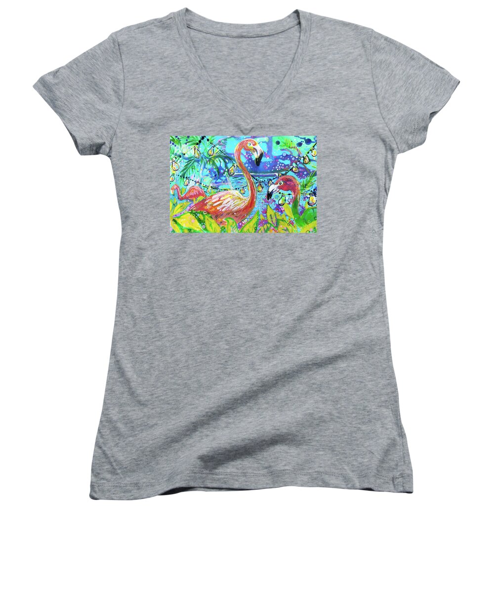Flamingo Women's V-Neck featuring the painting Outdoor flamingo party by Tilly Strauss