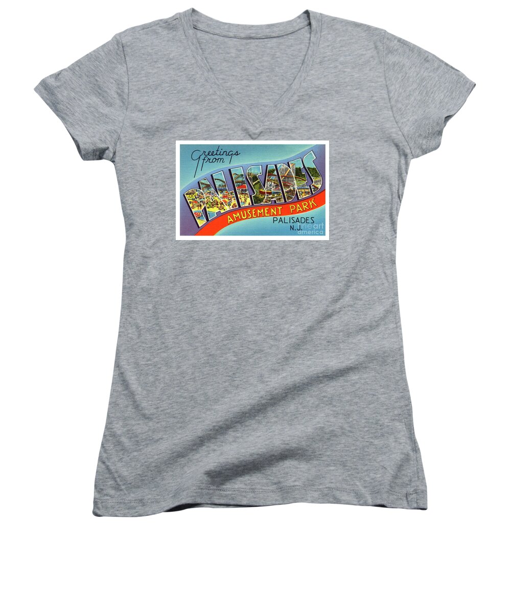 Palisades Women's V-Neck featuring the photograph Palisades Amusement Park Greetings by Mark Miller