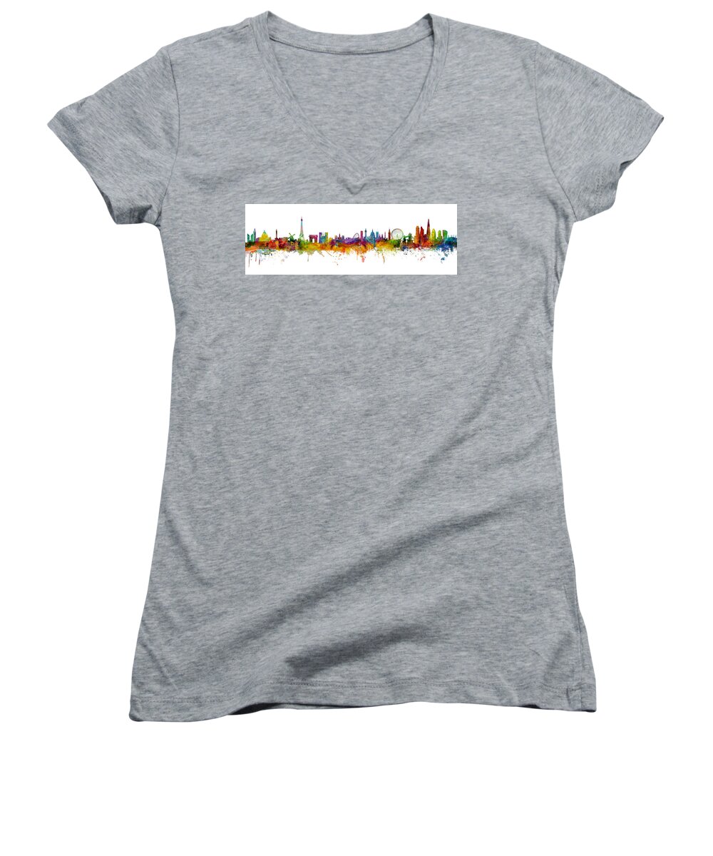 Paris Women's V-Neck featuring the digital art Paris and London Skylines mashup by Michael Tompsett