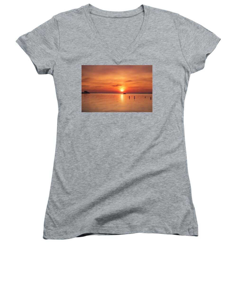Barge Women's V-Neck featuring the photograph Party Barge Sunset by JASawyer Imaging