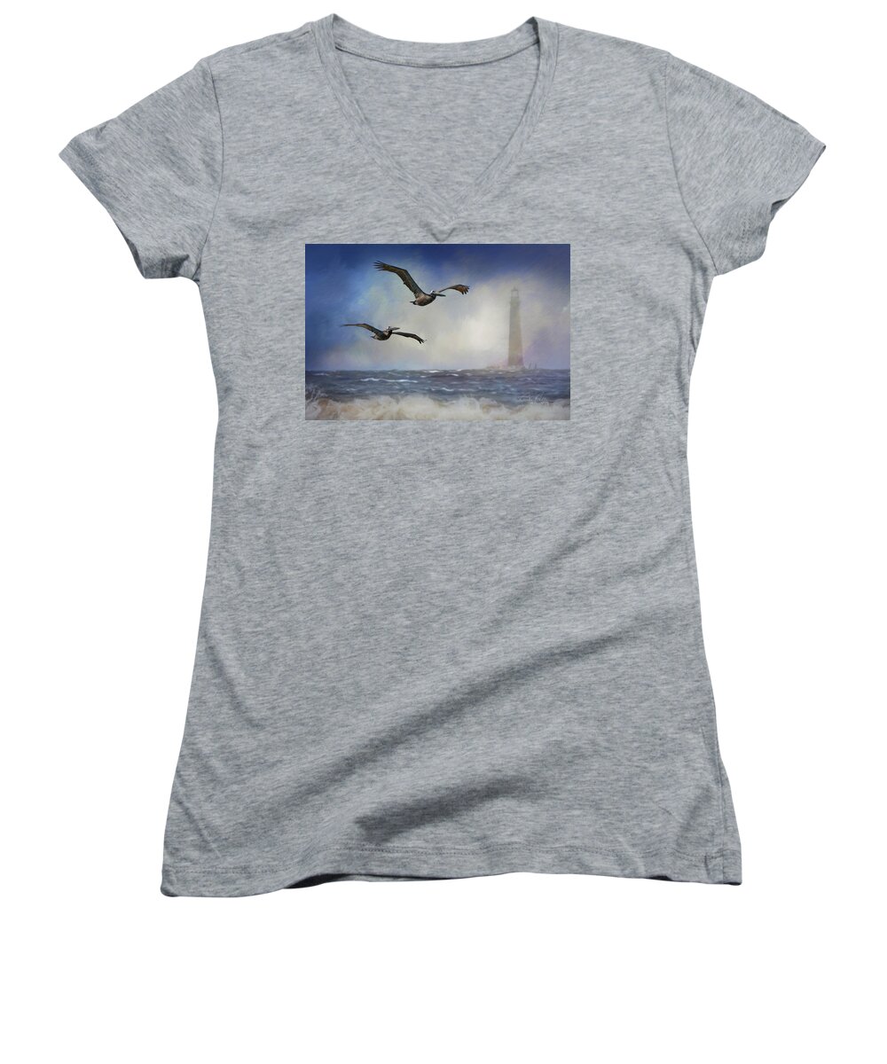 Pelicans Women's V-Neck featuring the photograph Pelican Storm by Randall Allen