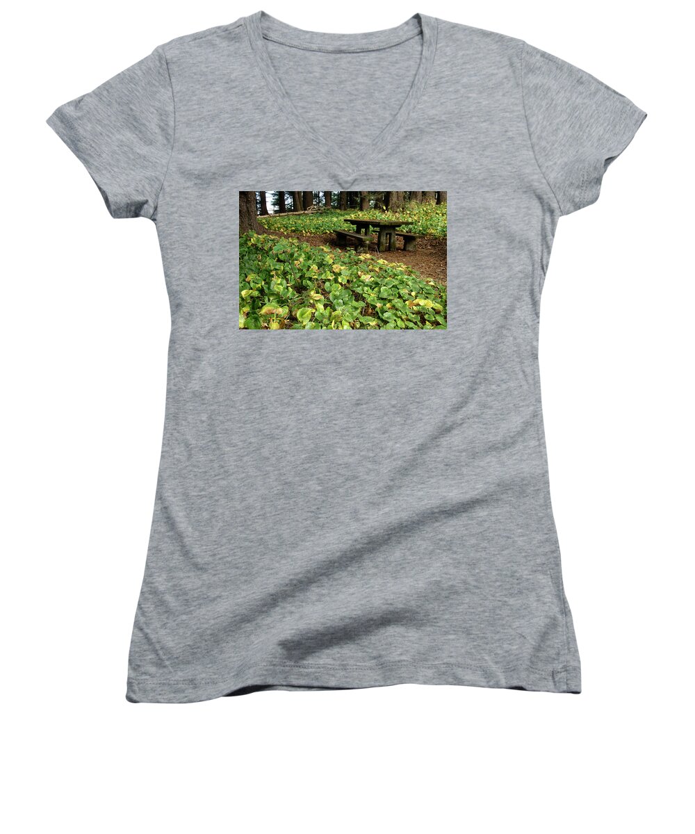 Oregon Women's V-Neck featuring the photograph Picnic table in the forest by Steve Estvanik