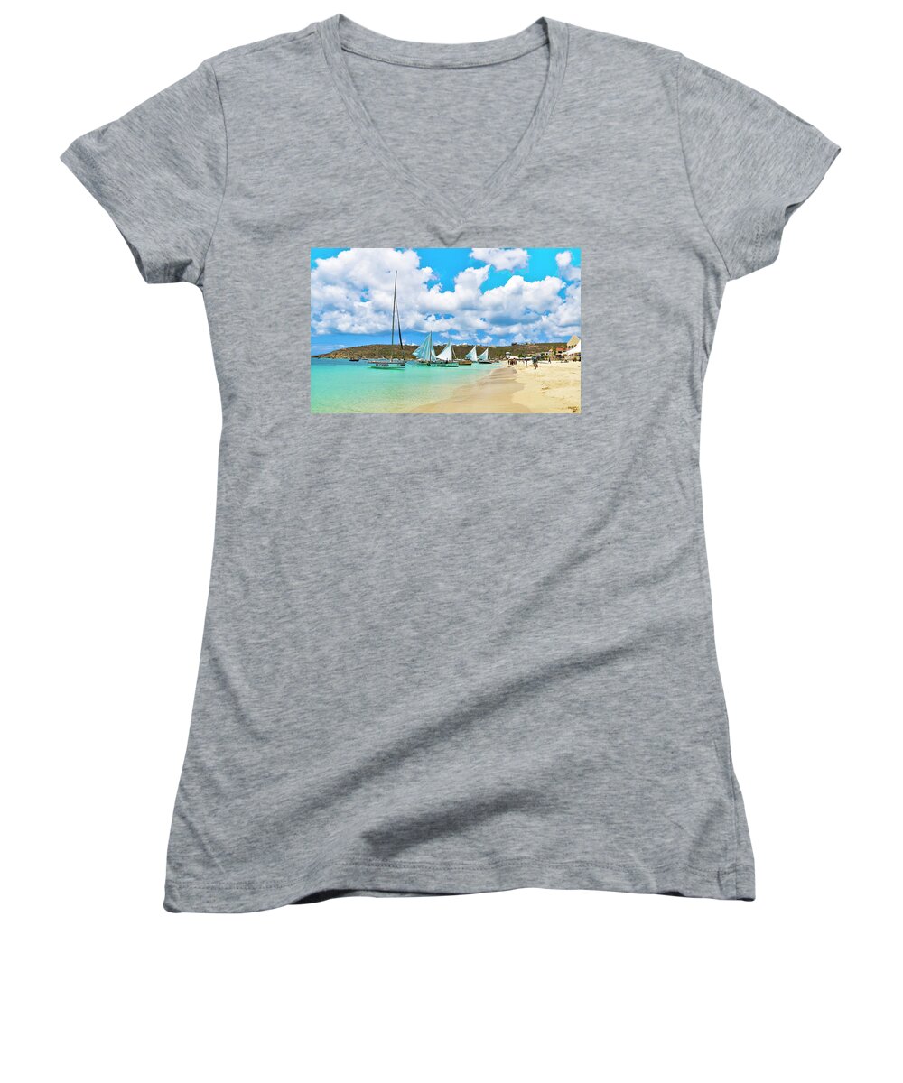 Sailboats Women's V-Neck featuring the photograph Picture Perfect Day for Sailing in Anguilla by Ola Allen