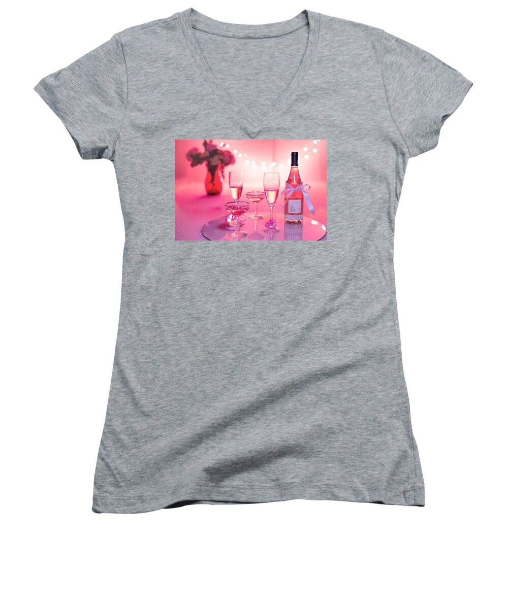 Cute Women's V-Neck featuring the photograph Pink champagne by Top Wallpapers