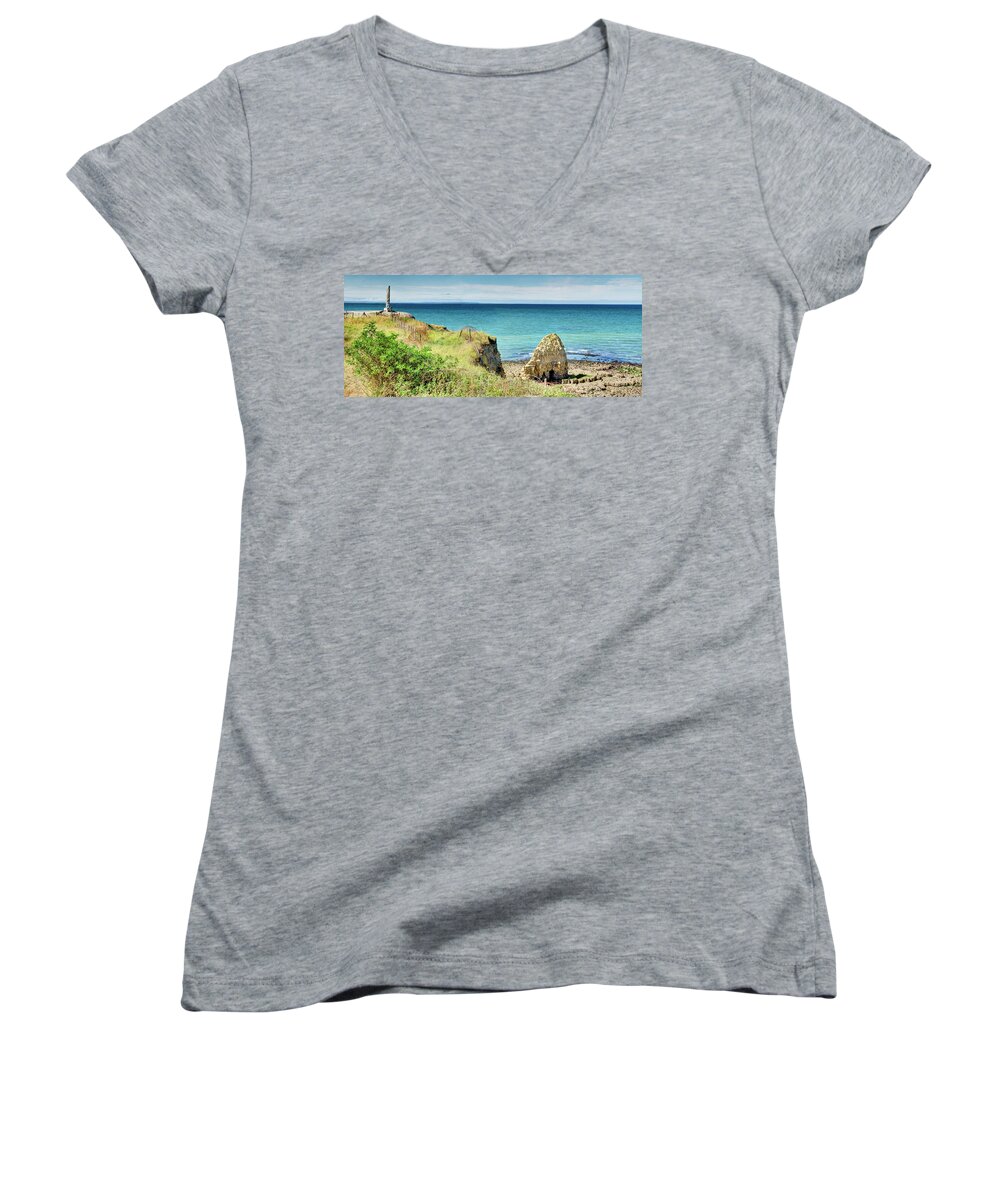 Pointe Du Hoc Women's V-Neck featuring the photograph Pointe du Hoc against the sea by Weston Westmoreland