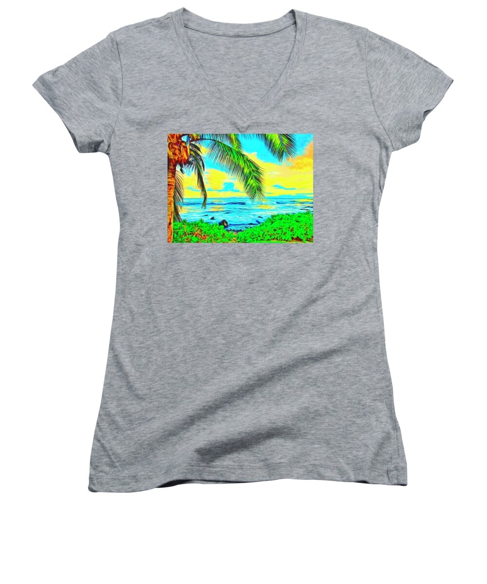 Hawaii Women's V-Neck featuring the painting Poipu Sunrise by Dominic Piperata