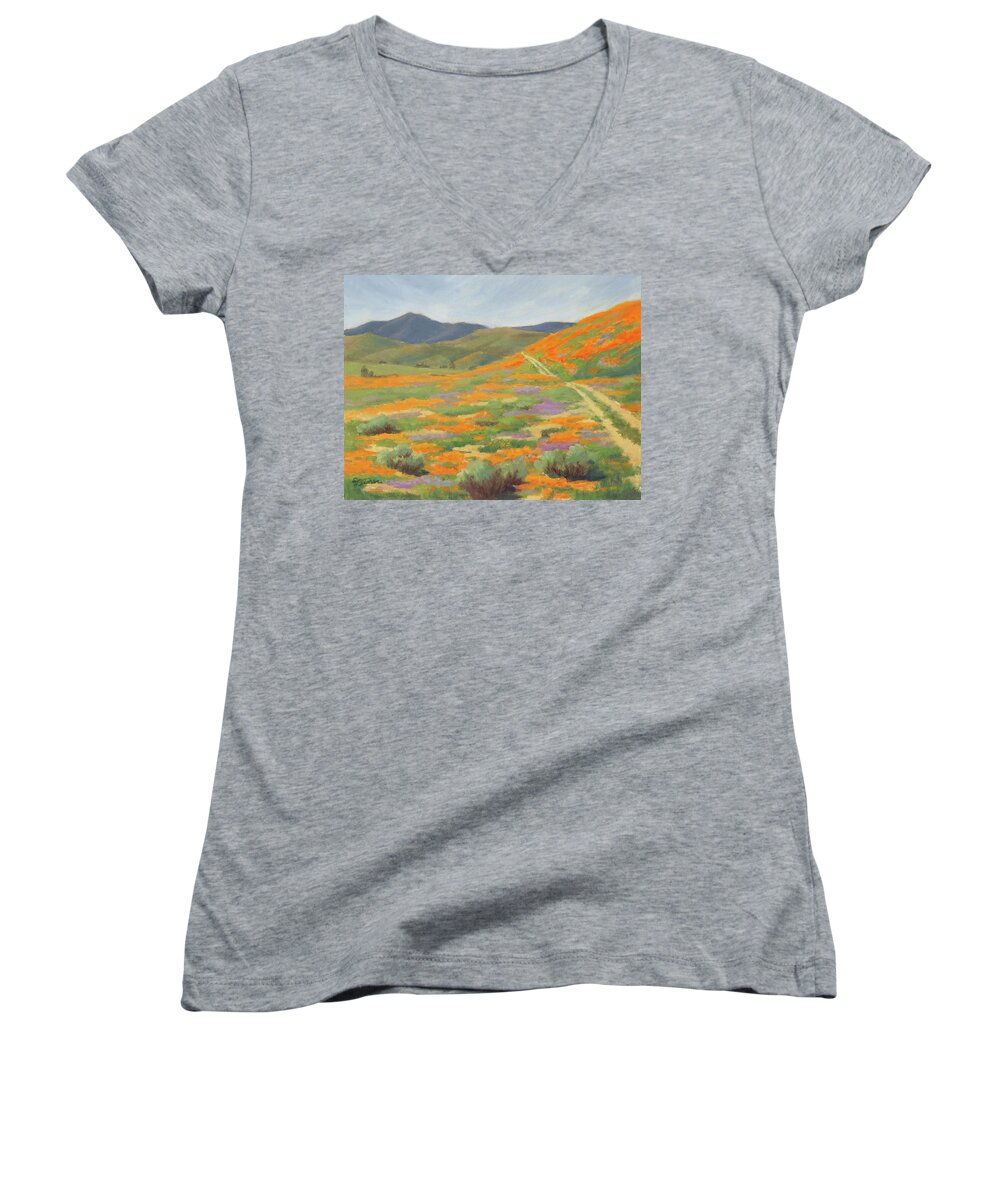 Superbloom Women's V-Neck featuring the painting Poppin' Poppies by Sandy Fisher