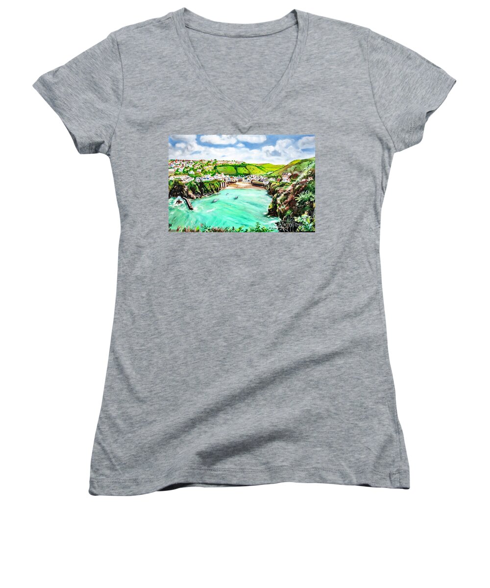 Port Isaac Women's V-Neck featuring the painting Port Isaac by James Lavott