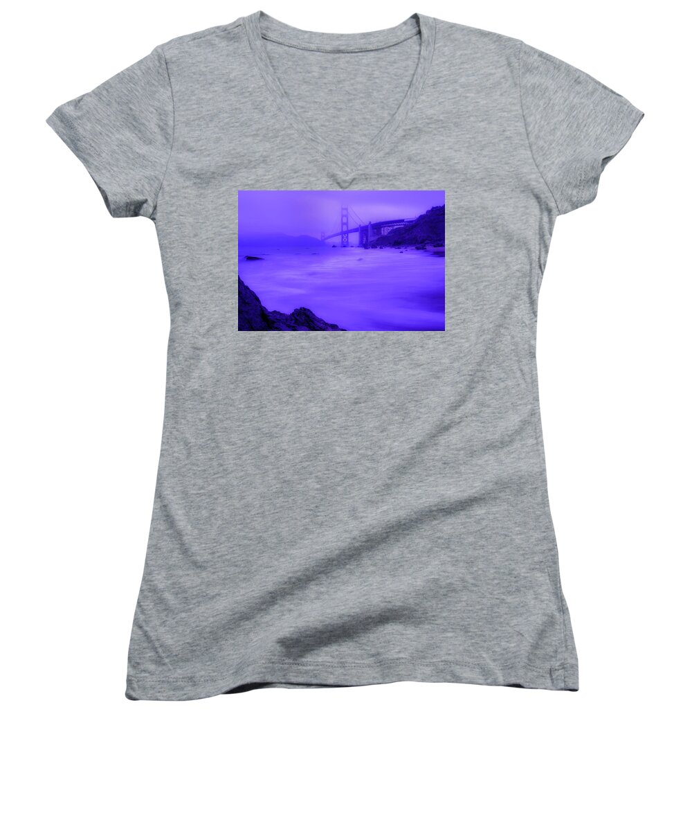 S.f. Women's V-Neck featuring the photograph Purple Golden Gate Fog by Mike Long