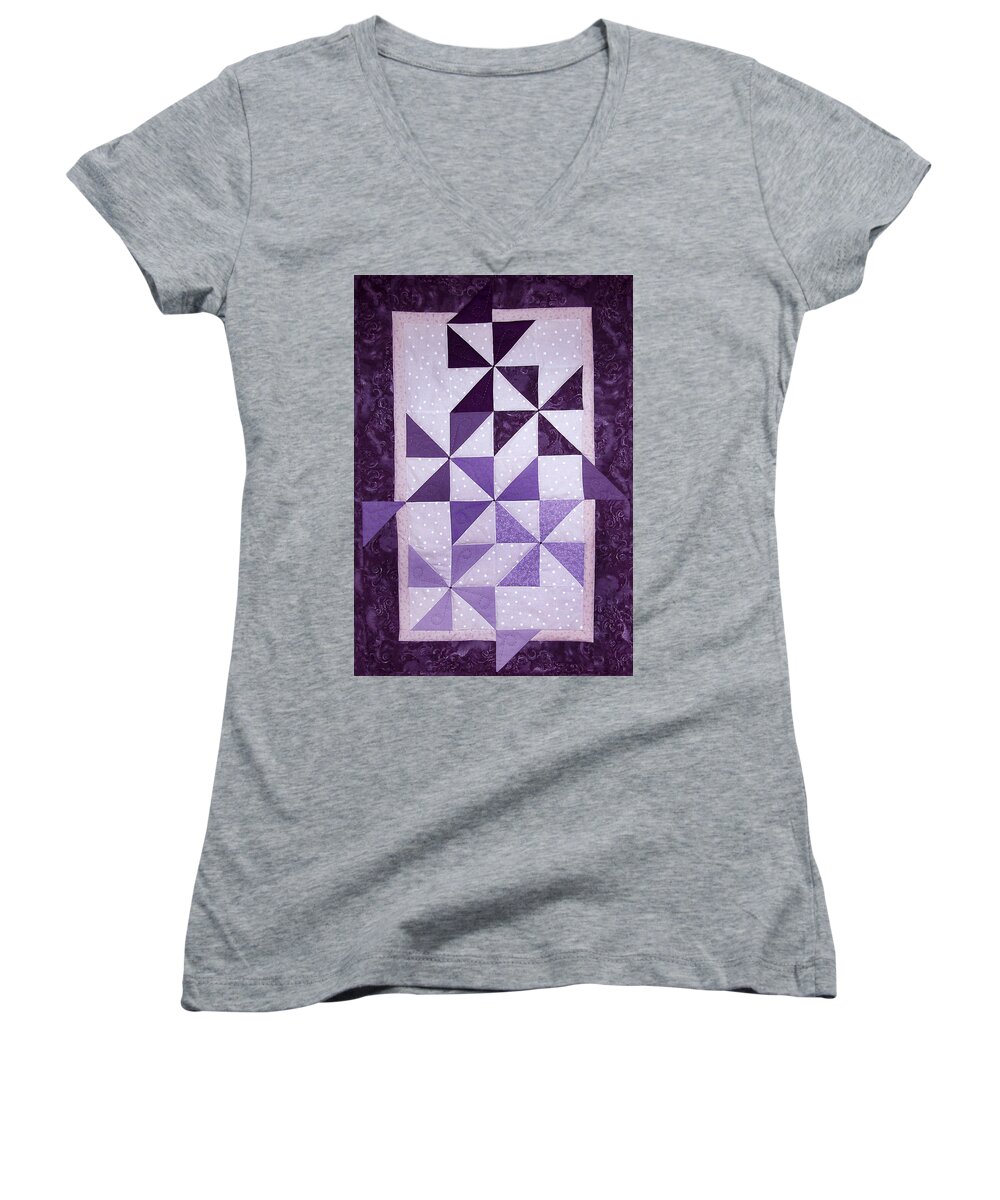 Art Quilt Women's V-Neck featuring the tapestry - textile Purple Pinwheels Pirouetting by Pam Geisel