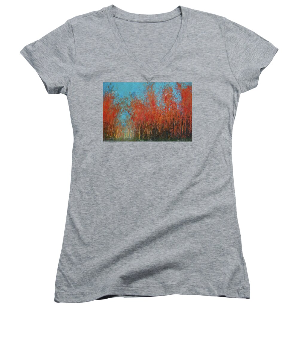 Red Women's V-Neck featuring the painting Red Trees In Autumn by Barbara J Blaisdell