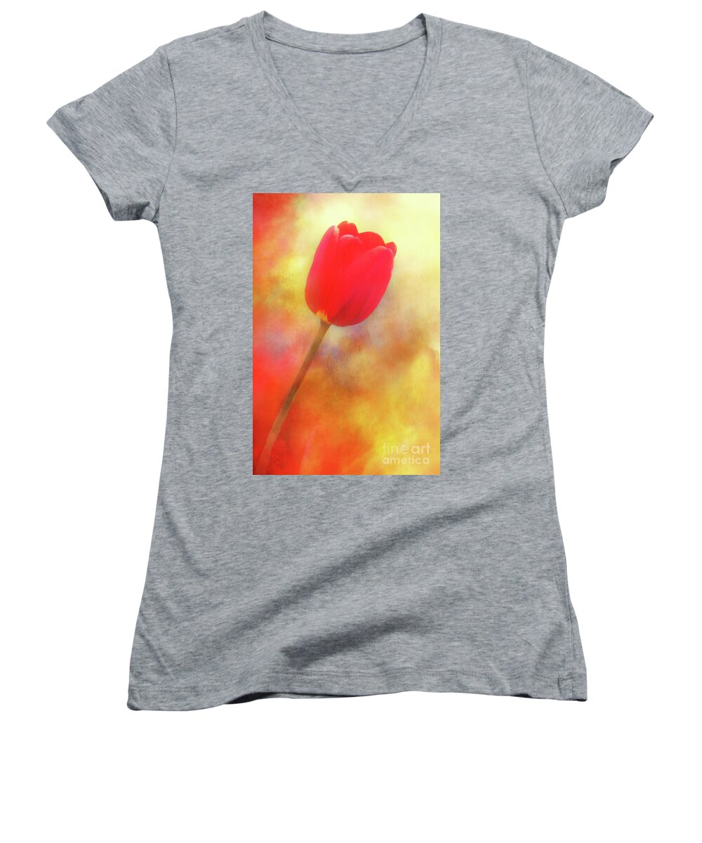 Tulip Women's V-Neck featuring the photograph Red Tulip Reaching for the Sun by Anita Pollak