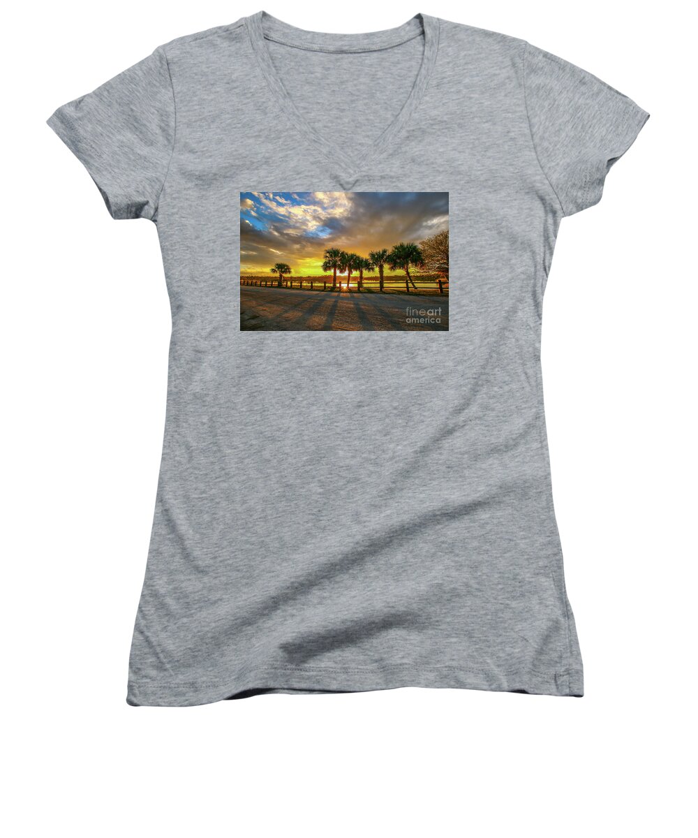 Sun Women's V-Neck featuring the photograph Reflected Sunburst by Tom Claud