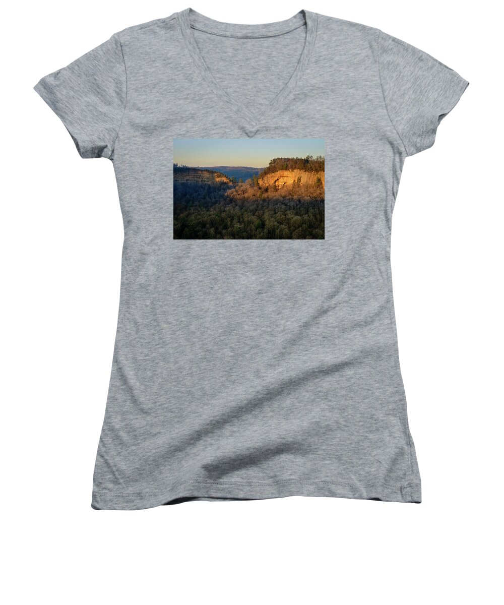 Chimney Top Rock Women's V-Neck featuring the photograph Revenuer's Rock by Michael Scott