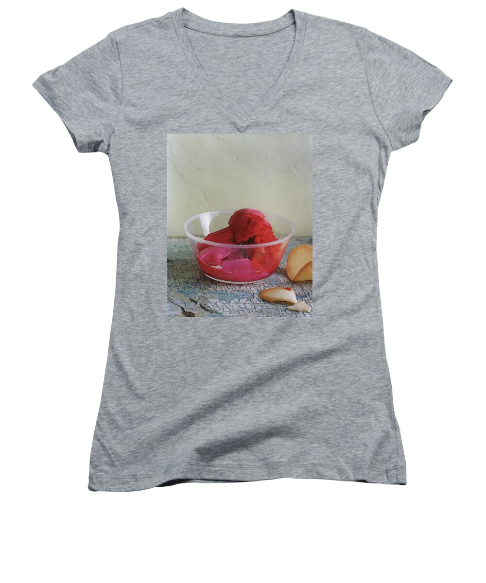 #new2022 Women's V-Neck featuring the photograph Rhubarb And Strawberry Sorbet by Romulo Yanes