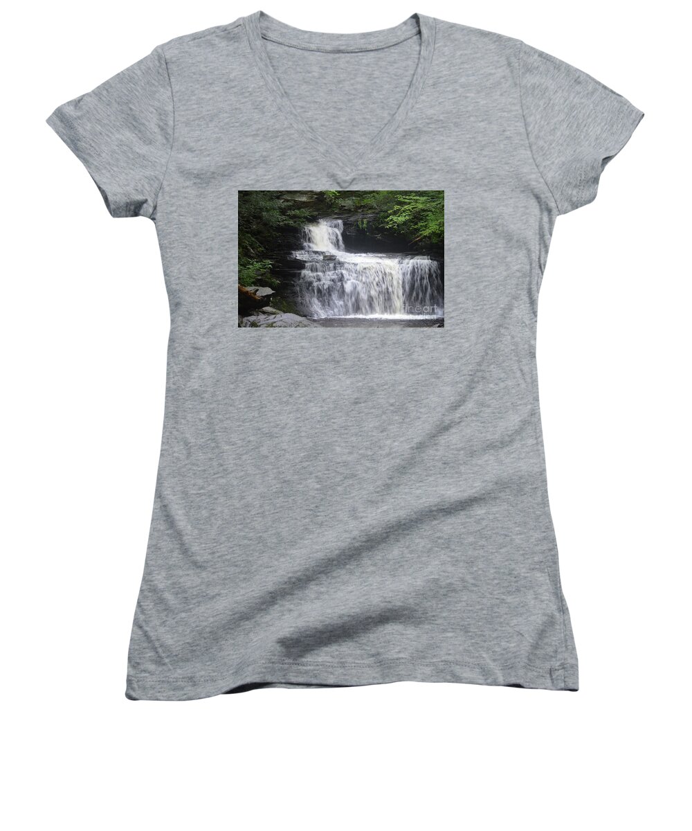 Green Women's V-Neck featuring the photograph Ricketts Glen Waterfall by Aicy Karbstein