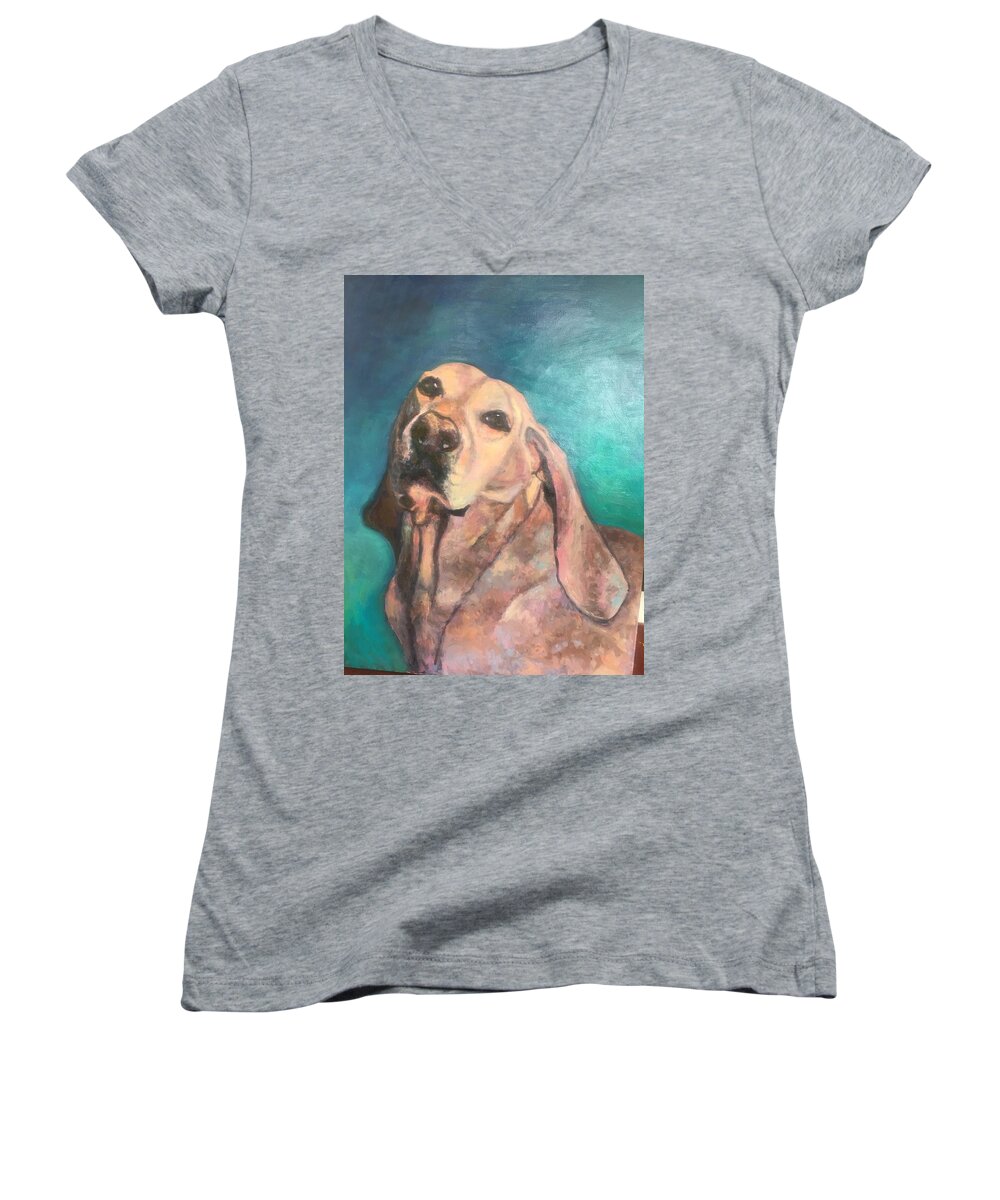 Portrait Dog Lab Women's V-Neck featuring the painting Rocky by Beth Riso